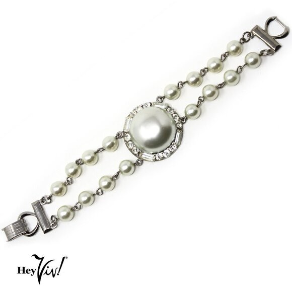Vintage 2 Strand Pearl & Rhinestone Bracelet - Elegant Statement Style - Picture 1 of 5